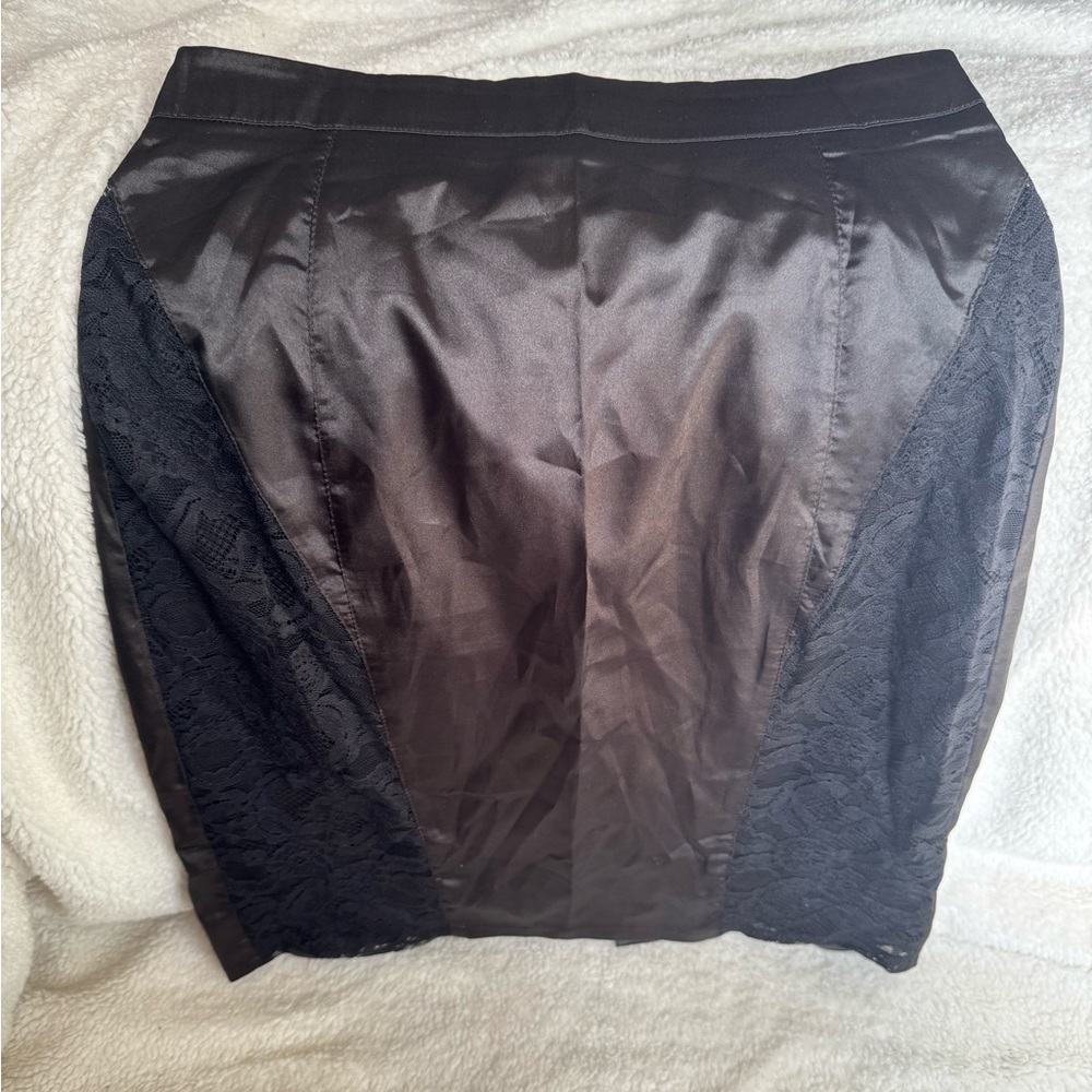 Charlotte Russe Faux Silk Black Pencil Skirt With Lace Cutouts